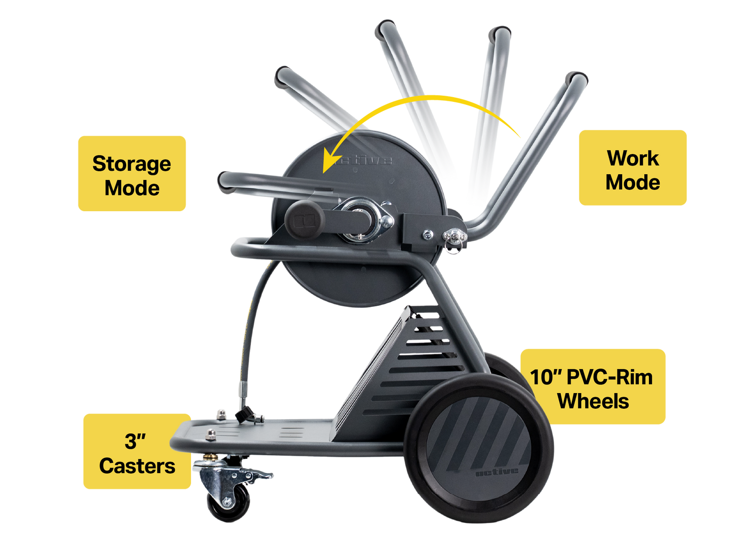 Active Wash Cart folding handle between Work Mode and Storage Mode with 10-inch wheels and 3-inch locking casters