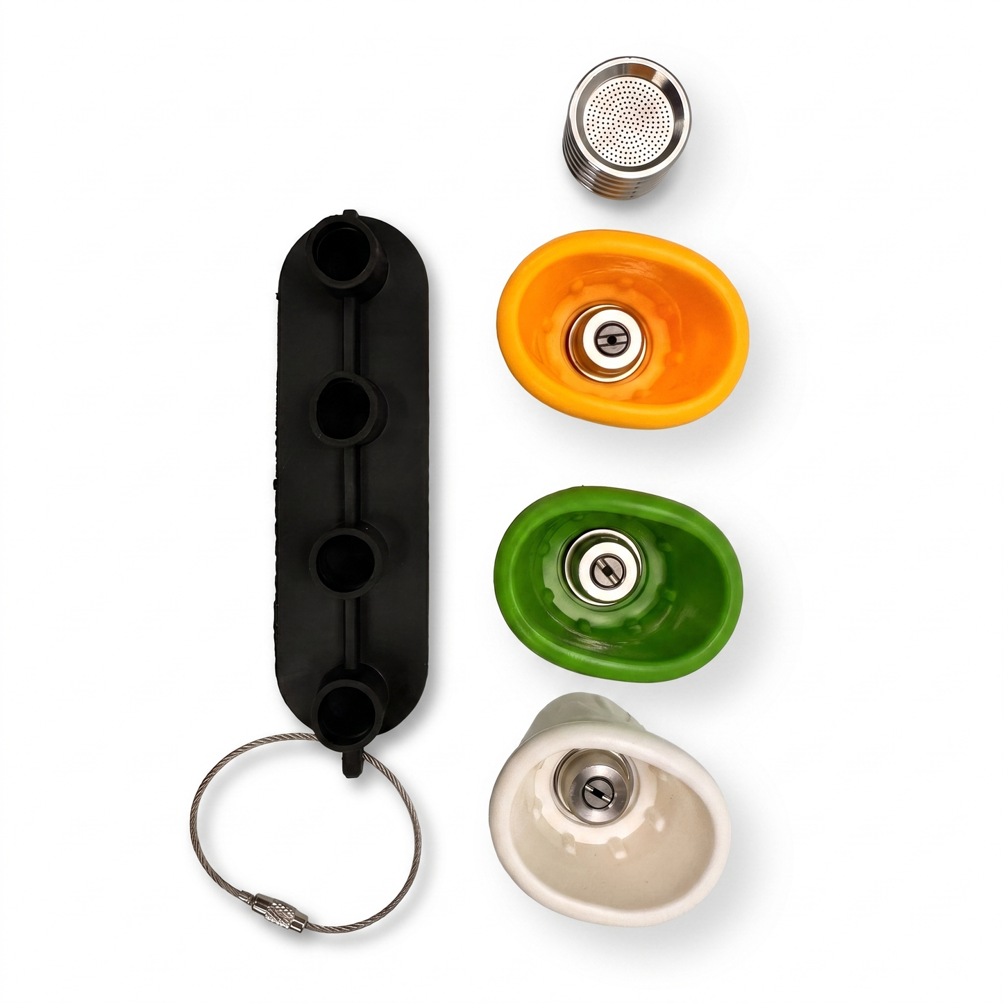 Losse onderdelen van de Active 3.0 nozzle-set: houder met sleutelhanger, RVS mondstuk en drie kleurgecodeerde siliconen spuitkoppen