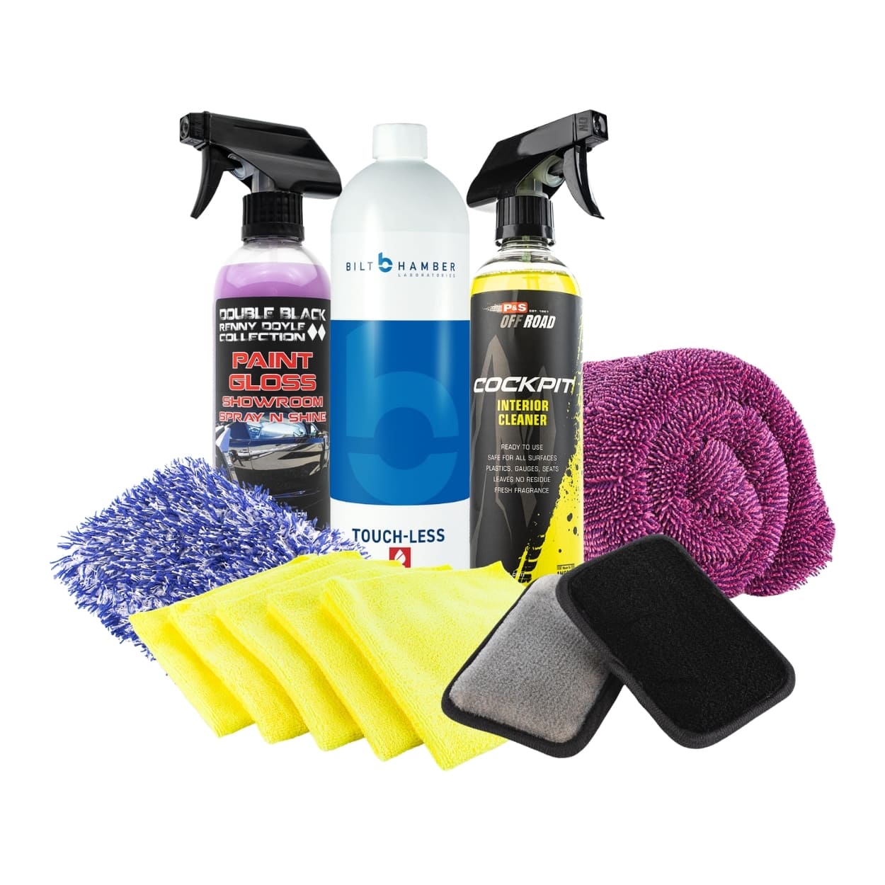 Complete car detailing wash kit with Bilt-Hamber Touch-Less snow foam, P&S Paint Gloss spray, cockpit interior cleaner, wash pad and microfiber towels