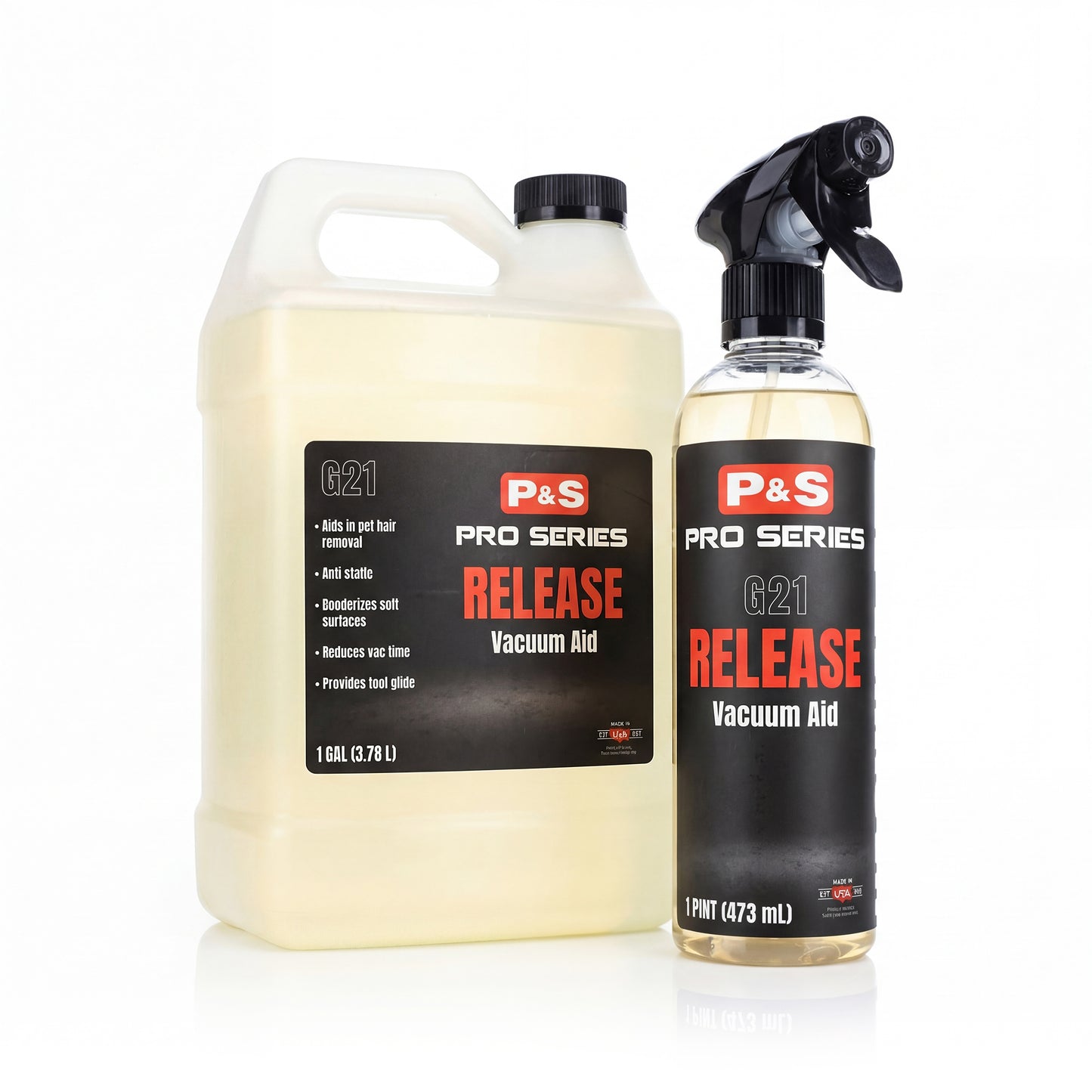 P&S Release Vacuum Aid interior cleaner spray and gallon container for removing dirt, reducing static and improving vacuuming on car carpets and upholstery